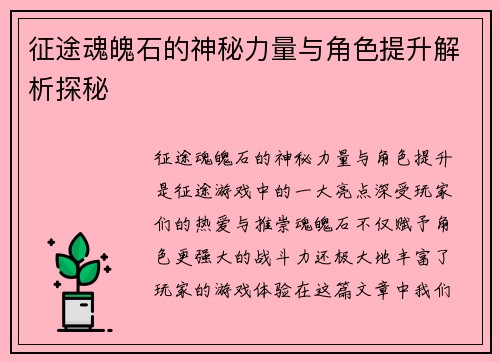 征途魂魄石的神秘力量与角色提升解析探秘